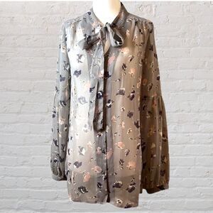 EXPRESS gray floral blouse long sleeves sheer fabric ties at neck high collar S